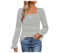 Generic Women's Casual Striped Square Neck Long Sleeve Top, White, XL