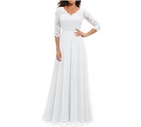 Generic Women's Cocktail Dresses Elegant Chiffon V Neck Flowy Maxi Long Dress UK Ladies Plain Prom Wedding Guest Dress Dressy Lace Short/Long Sleeve Empire Dresses Evening Gowns