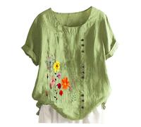 Generic Womens Cotton and Linen Flower Butterfly Embroidery Button T-Shirt Summer Fashion Pullover Short-Sleeved Blouse Retro Loose Casual T-Shirt Summer Holiday Tops Super Soft Super Soft B-Green