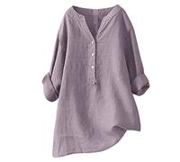Generic Womens Cotton Linen Long-Sleeved Shirt Solid Colour V-Neck Button Down Shirt Classic Loose Basic Shirt Fashion Stand-up Collar Blouse Casual Daily Cotton Linen Shirt