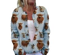 Generic Women's Cute Highland Cow Print Knit Cardigan - Casual Christmas Knitted Western Cow Sweater (Blue,M)