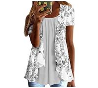 Generic Womens Elegant Blouses Summer Mock 2 Piece Ladies Tops Floral Printed Pleated Round Neck Short Sleeve T Shirts Loose Fit Shirts Tops for Casual Vacation Holiday