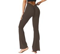 Generic Women's Flared Gym Leggings, High Waisted Bell Bottom Yoga Pants with V-Back Scrunch Bums, Ribbed Crossover Flare, Coffee, Size S
