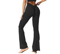 Generic Women's Flared Yoga Pants, Black, Size L, High Waisted, Ribbed and Scrunch Bum, Cropped Length, Gym, Yoga