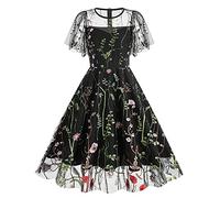 Generic Women's Floral Embroidery Retro Vintage Dress - Black, XXL, Midi, V-Neck, A-Line, Short Sleeve, Mesh Back, Casual/Party