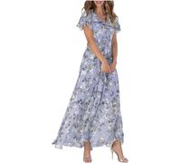 Generic Women's Floral Maxi Dress - Purple, Size S - Casual, Spring, Summer, Fall - V-Neck, 3/4 Ruffle Lotus Leaf Sleeve - Chiffon Fabric - Mid Waist - Adult Women