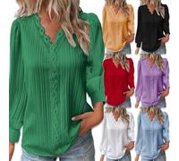 Generic Women's Green Plaid Silk Puff Sleeve Elegant Lace Patchwork V Neck T Shirts XXL (Regular Length)