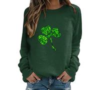 Generic Womens Green Polyester Cotton Long Sleeve Crew Neck Fitted Lightweight St. Patrick's Day Jumper Casual Irish Clover Print Pullover Shamrock Tops
