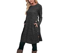 Generic Women's Grey XXL Knee-Length Long Sleeve Dress with Pockets Side Buttons for Leggings