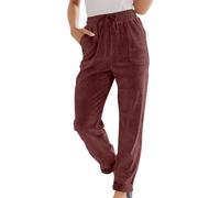 Generic Women's High Waisted Corduroy Trousers - Elasticated Waist, Tapered Leg, Drawstring, Brown, Size M to L