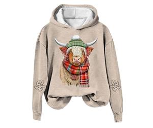 Generic Women's Highland Cow Sweatshirt 3XL Grey Cotton Cropped Long Sleeve Hooded Neck Rural Theme Sweatshirt
