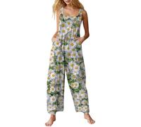 Generic Women's Jumpsuit - White, Size 3XL, Cotton Linen Blend, Floral Pattern, Sleeveless, Round Neck, Casual, Adult, Female, Women, ONE_PIECE_OUTFIT, Clothing
