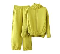 Generic Women's Knitted Suit Set Homewear 2-Piece Outfit Long-Sleeve Loungewear Lapel Knit Sweater Casual Pants Set Solid Color Soft Warm Jogging Suit Outdoor Trekking Leisure Suit, XL