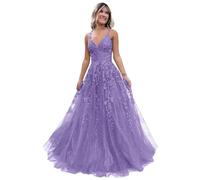 Generic Women's Lace Applique Prom Dresses Long Tulle Bridesmaid Dress A Line V Neck Formal Party Ball Gowns with Slit Light Lavender M