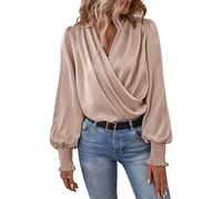 Generic Womens Ladies Dressy Casual Satin Silk Blouses Shirts Elegant Long Sleeve Sexy Deep V-Neck Casual Evening Wrap Tops Flattering Blouses Boho Shirts for Women 2024 Beige