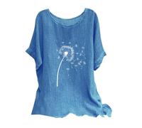 Generic Women's Linen Tops UK Plus Size Shirts 2024 Summer Short Sleeve Crewneck Blouses Funny Daisy Dandelion Butterfly Print T-Shirts