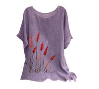Generic Women's Linen Tops UK Plus Size Shirts 2024 Summer Short Sleeve Crewneck Blouses Funny Daisy Dandelion Butterfly Print T-Shirts