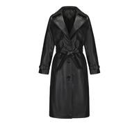 Generic Women's Long Black PU Leather Trench Coat with Belt, Stand Collar, Button, Solid, Waterproof, 2 Pockets, Polyester Lining, Hand Wash Only, Size XL