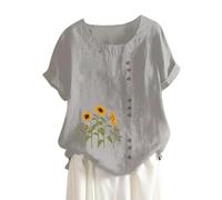 Generic Women's Long Sleeve Loose Fit Top, Grey, Size L, Cotton+Polyester, Floral Pattern, Regular Fit, Regular Height, Alpha Size Class, Adult, Female, Summer