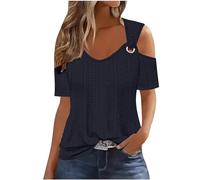 Generic Women's Navy Blue Extra Large Cotton 94% Spandex 6% Summer Casual Loose Fit V Neck Eyelet Embroidery Short Sleeve Tank Top