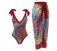 Generic Women's One Piece Swimsuits with Long Sarong Cover up Wrap Pareo Two Piece Vintage Print Swimsuit Tummy Control Tankini Sets Ethnic Style Sexy Bikini Strappy Swimsuit Cover Up Set