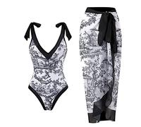 Generic Women's One Piece Swimsuits with Long Sarong Cover up Wrap Pareo Two Piece Vintage Print Swimsuit Tummy Control Tankini Sets Ethnic Style Sexy Bikini Strappy Swimsuit Cover Up Set