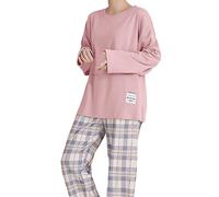 Generic Women's Oversized Pyjama Set Long Sleeved Crew Neck Tops and Plaid Pants 2 Piece Loungewear Pj Set Ladies Girls Cozy Soft Suit Pink