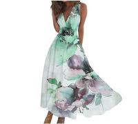 Generic Women's Plus Size Indian Maxi Dresses for Wedding Guests, Green Floral, V-Neck, Sleeveless, Backless, One Shoulder, Open Back, Size X-Large (US 10/UK 14/EU 42), Waist 92cm, Length 134cm