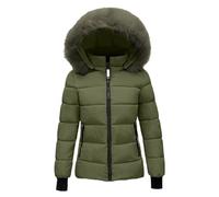 Generic Women's Quilted Puffer Coat with Hood, Green, 5XL, Long Length, Waterproof, Fur Lined, Loose Fit, Regular Height, Regular Body Type, Adult, Fall, Winter