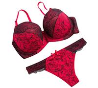Generic Women's Red Floral Lace Mesh Padded Push Up Bra & Thong Underwear Set