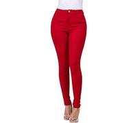 Generic Women's Red High Waisted Tummy Control Skinny Jean Jeggings, Capri Length, Tapered Leg, Flat Front, Stretchable, Breathable, Casual, Swimming, Outdoors, Utility Pocket, 5 Pockets, Size 30