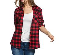 Generic Women's Red Plaid Long Sleeve Western Shirt, S, Crew Collar, Loose Fit