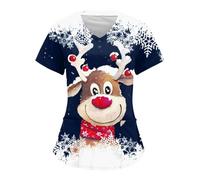 Generic Women's Reindeer Printed Christmas Scrubs Top - V-Neck Tunic - Short Sleeve - Loose Fit - Size L - Polyester - Made in the USA or Imported