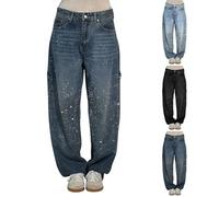 Generic Women's Rhinestone Jeans Glitter Denim Jeans, Blue, Size XS, High Waist, Straight Leg, Stretchable, Versatile for Different Occasions