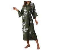 Generic Women's Robe Luxurious Satin Kimono with Floral Pattern for Women, Cool Sensation, 3/4 Sleeves, Long, Casual, Bathrobe, Sleepwear, Army Green, One Size