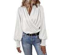 Generic Womens Satin Silk Blouses Elegant Casual Long Sleeve Sexy Deep V Neck Evening Party Wrap Tops Flattering Blouses Boho Shirts for Women 2024 White