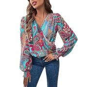 Generic Womens Satin Silk Blouses Elegant Casual Long Sleeve Sexy Deep V Neck Evening Party Wrap Tops Flattering Blouses Boho Shirts for Women 2024 Green