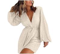 Generic Women's Sequin Cross Wrap V Neck Jumpsuit Shorts with Belt Puff Sleeve Tunic Rompers Sparkly One Piece Jumpsuit Low Cut Sexy One Piece Shorts Club Disco Party Outfit