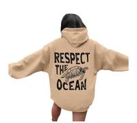 Generic Women's Shark Hoodie - Save The Ocean, Respect The Locals, Surf Hoodie 2024 Fall - Beige, Large, Long Sleeve, Cotton, Loose, Cropped