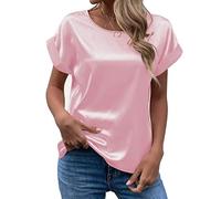 Generic Women's Short Sleeve Satin Blouses Casual Loose Crewneck Silk Shirts Roll Up Sleeve Tunic Tops S-XXL(RD1,Small)