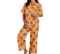 Generic Women's Spooky Cat Everyday is Halloween Long Pajama Set White Flannel Shine Glow-in-The-Dark Pumpkin Halloween Pajamas Set