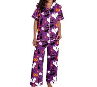 Generic Women's Spooky Cat Everyday is Halloween Long Pyjama Set White Flannel Shine Glow-in-The-Dark Pumpkin Halloween Vest Set