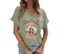 Generic Women's Summer Tops Vintage Rock Band T-Shirt, Green, XXL, Fitted, Cotton Blend, Short Sleeve, V-Neck, Pullover, 1 Count, 0 Pockets, Vintage Graphic Design, Notched V-Neck