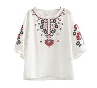 Generic Womens Summer Vintage Tops Loose Short Sleeve Embroidery Casual Blouses Ladies Cotton Linen Baggy Comfy Going Out Tops Relax Fit Retro Square Neck Woman Tshirts