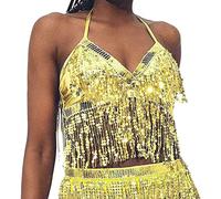 Generic Women's Tank Top Women's Belly Dance Sequin Bra Tassel Clothing Halter Tops, gold, A
