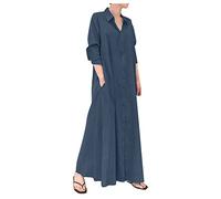 Generic Women's V-Neck Striped Print Maxi Dress - Long Sleeve Cotton Linen Casual Loose Summer Basic Beach Dresses