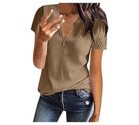 Generic Womens Waffle Knit Tops Casual V Neck Short Sleeve T Shirts Henley Solid Color Tunic Top Plus Size Ladies Summer Blouses Comfy Tops for Work Office T-Shirt UK Clearance