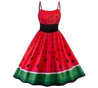 Generic Women's Watermelon Print Retro A-Line Dress, Red, XL, Sleeveless, Backless, Glitter, Midi, Slim Waist, Flared Hemline, Summer, Party, Casual, Polyester, Hand Wash Only