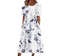Generic Women's White XXL Maxi Dress - Short Sleeve, Round Neck, Loose Fit, Floral Print, Pocket, Boho-Chic Style - Casual, Evening Wear
