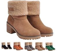 Generic Women's Winter Boots, Khaki, Size 4 UK, Ankle Chelsea Boots, Fur Lined, Chunky Heel, Snow Boots